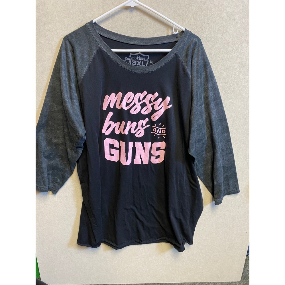Shield Republic Messy Buns and Guns Raglan Tee Black Grey Camo 3XL Womens
